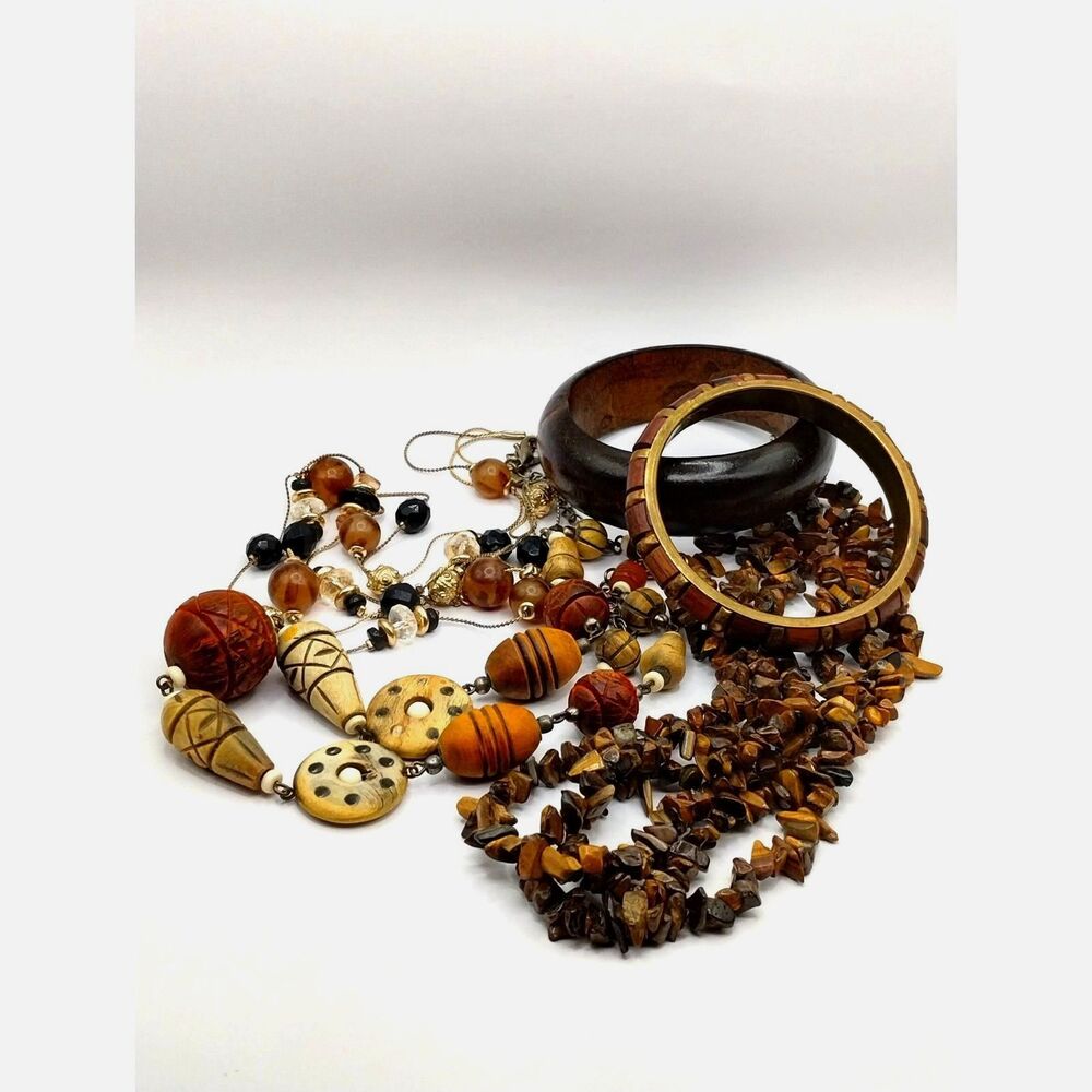 Vintage Jewelry Natural Stones, Carved Wooden Beads, Lucite and Metals Bracelets